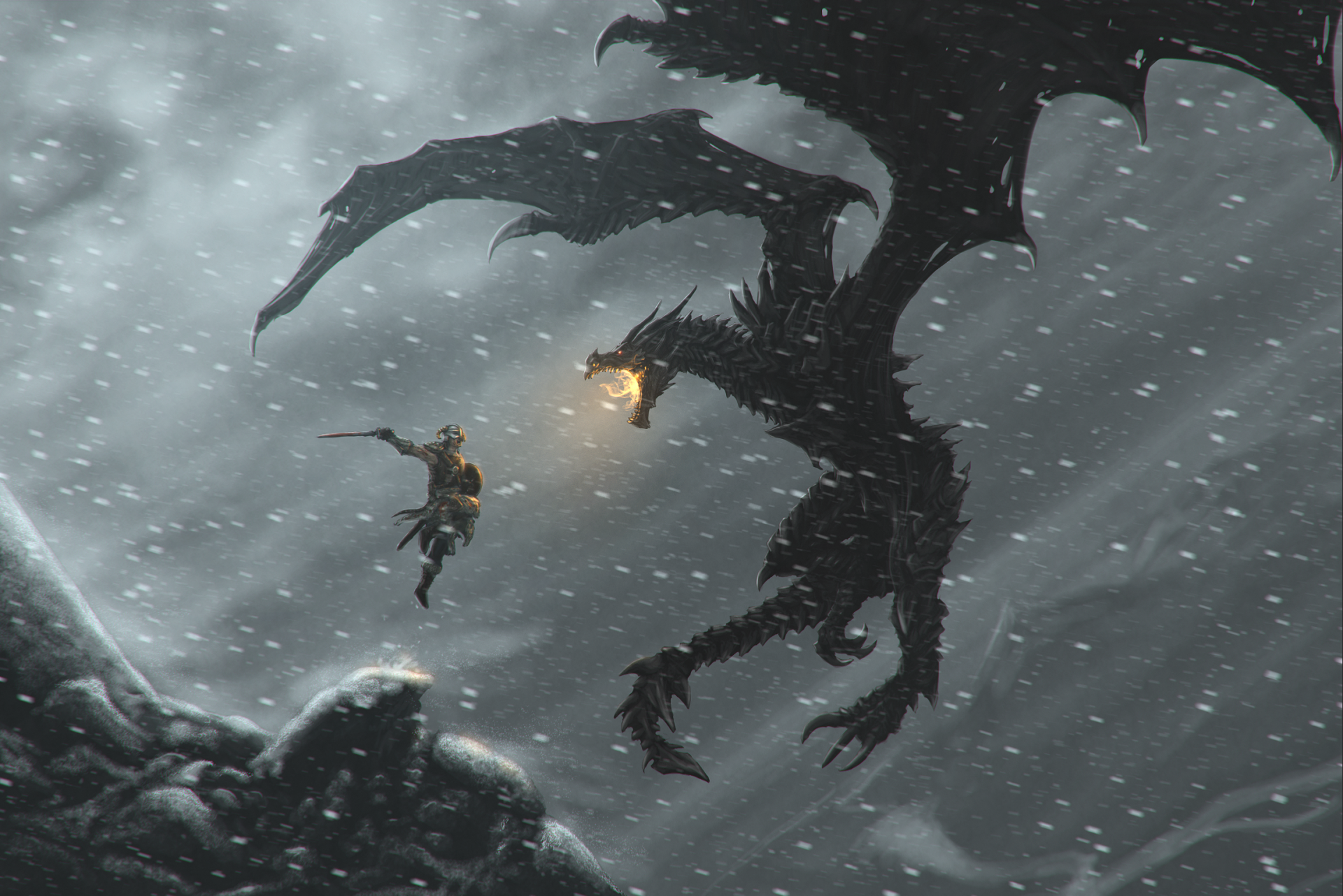 A fierce dragon battles a warrior amidst a snowy landscape in The Elder Scrolls V: Skyrim, capturing the epic fantasy and intense combat of the game.