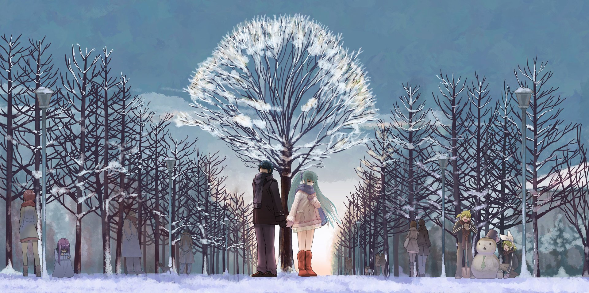 Download Meiko (Vocaloid) Luka Megurine Kaito (Vocaloid) Rin Kagamine Len Kagamine Hatsune Miku Snow Winter Forest Love Hug Couple Anime Vocaloid Anime Couple Winter Anime Anime Forest Art