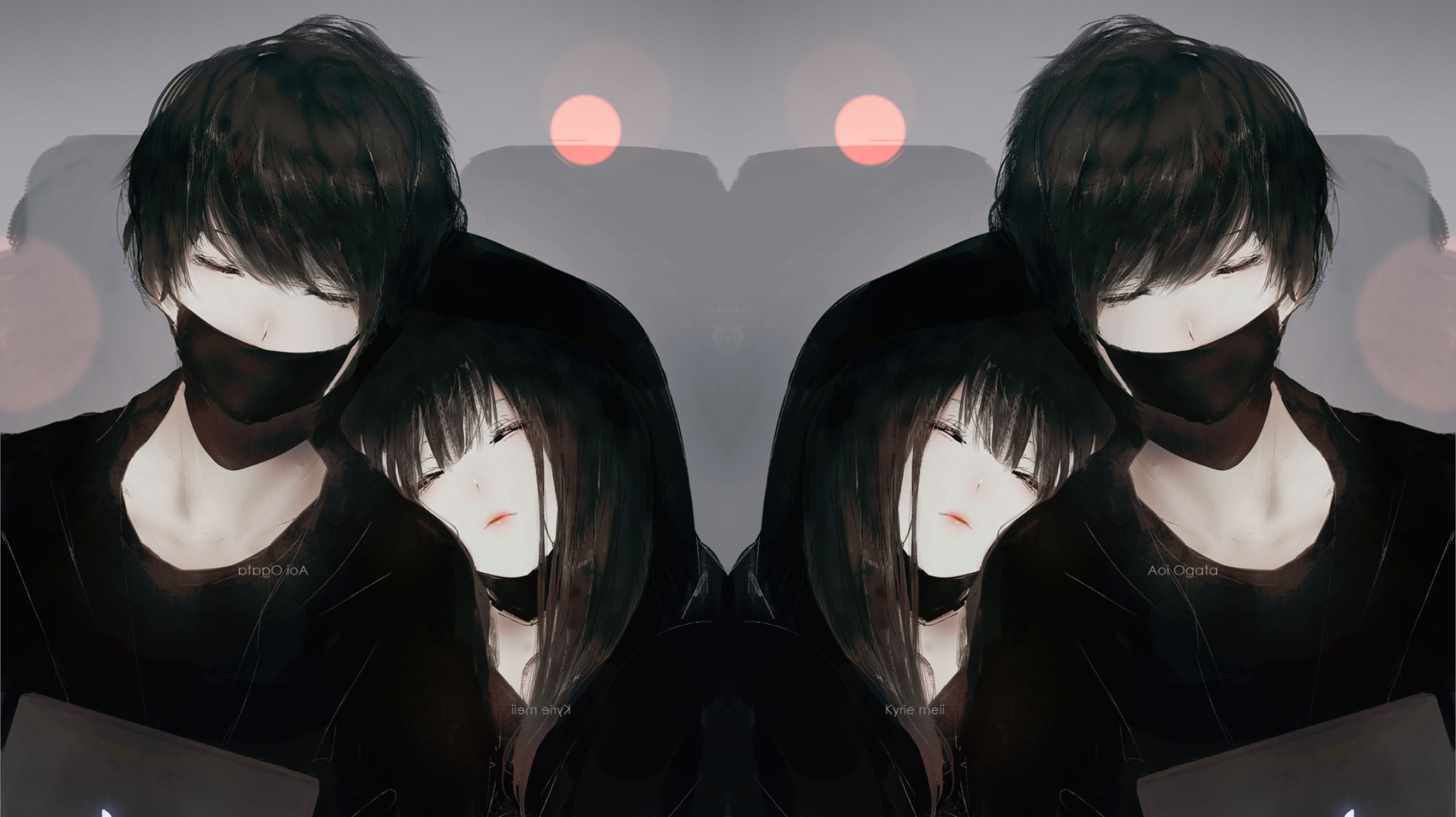 Anime-style illustration of a couple with the girl resting her head on the boy's shoulder; both have dark hair and the boy wears a black face mask.