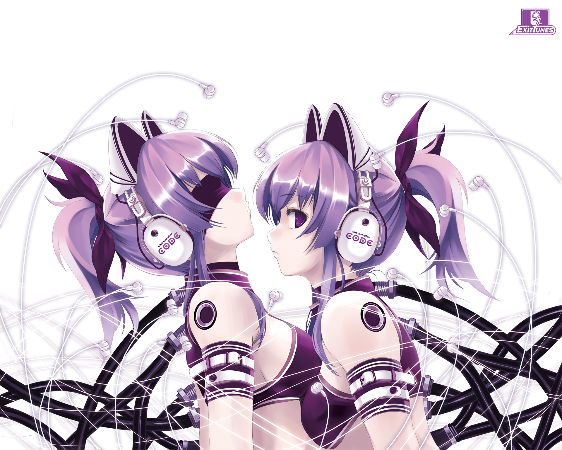 Two anime characters with headphones share an intimate moment, showcasing a yuri theme against a backdrop of tangled wires. Their purple hair and outfits enhance the vibrant aesthetic.