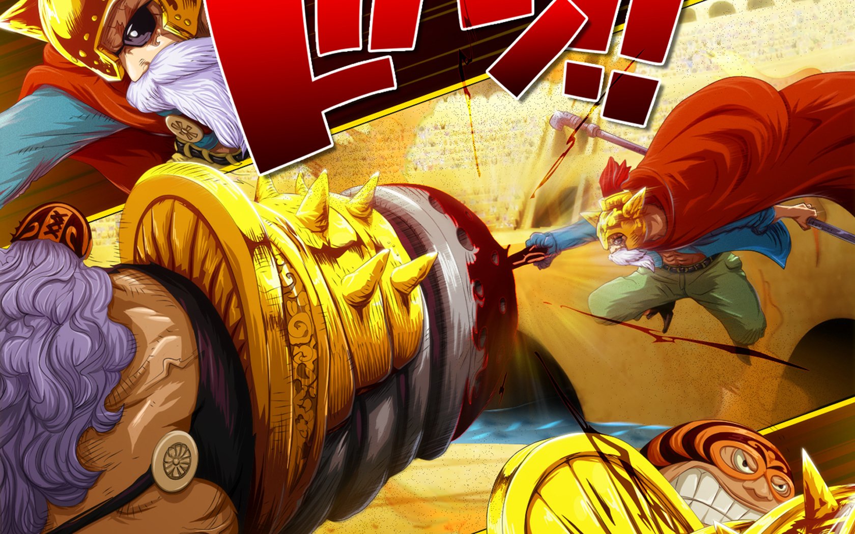 Dynamic illustration of Jesus Burgess from One Piece, showcasing an intense battle scene with vibrant colors and action-packed elements typical of the anime's style.