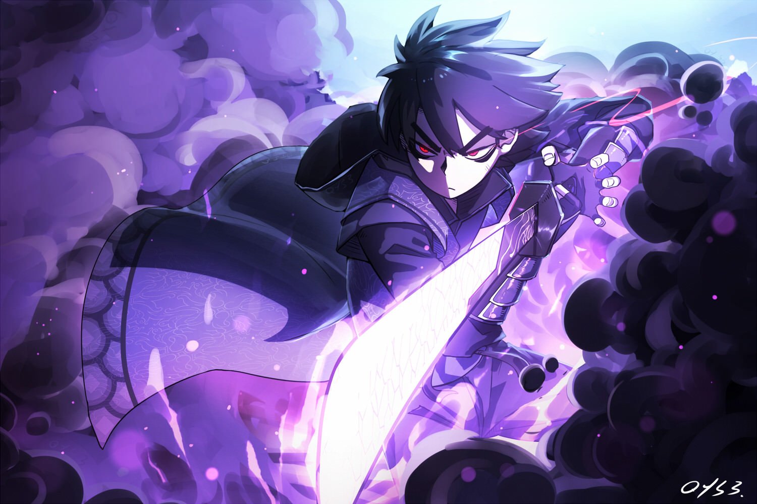 Scissor Seven anime: the protagonist lunges with a glowing purple scissor-sword through swirling dark smoke.