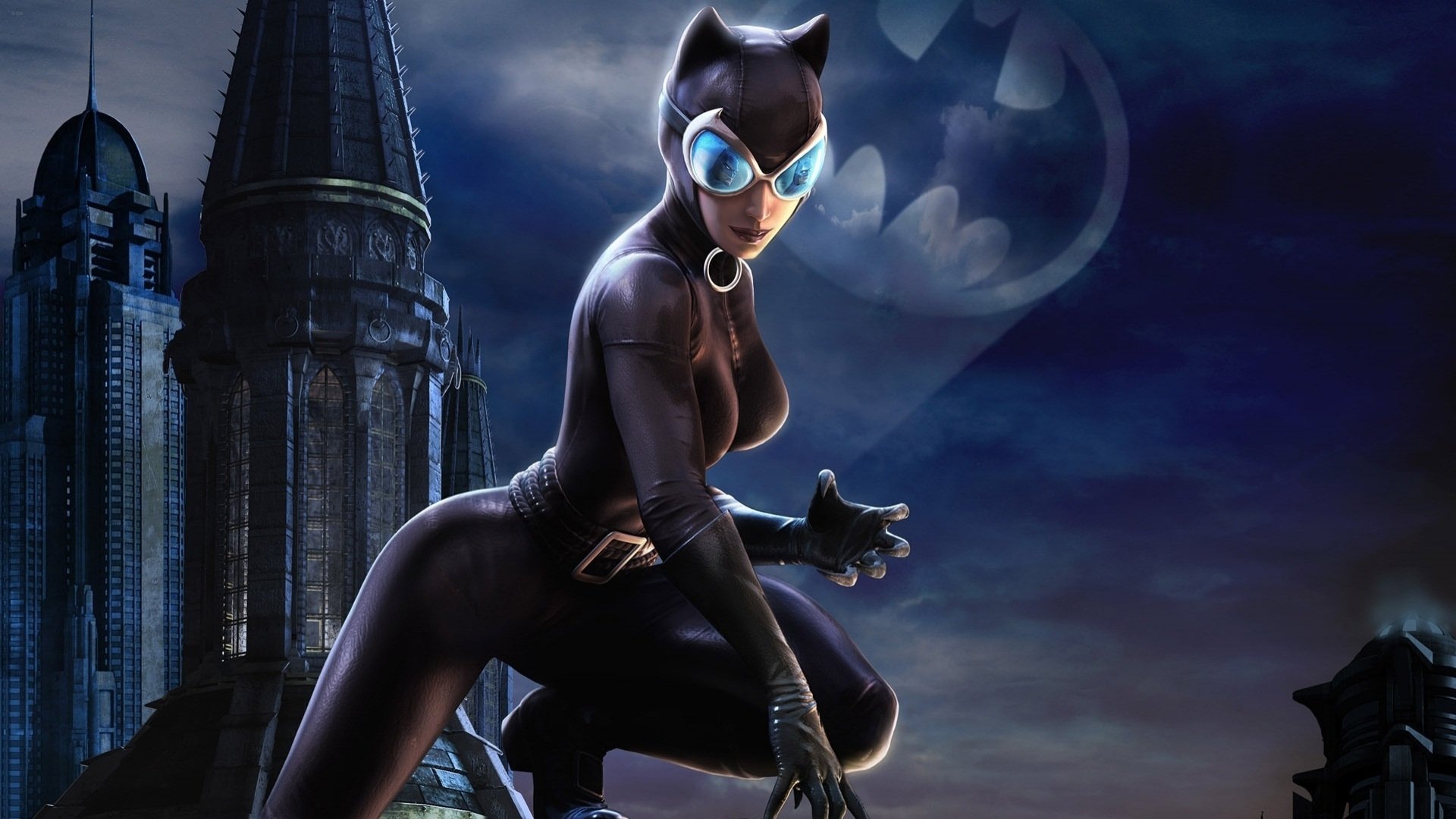 Comic-style illustration of Catwoman in her sleek black costume crouching on a rooftop at night with a glowing bat signal in the cloudy sky behind her.