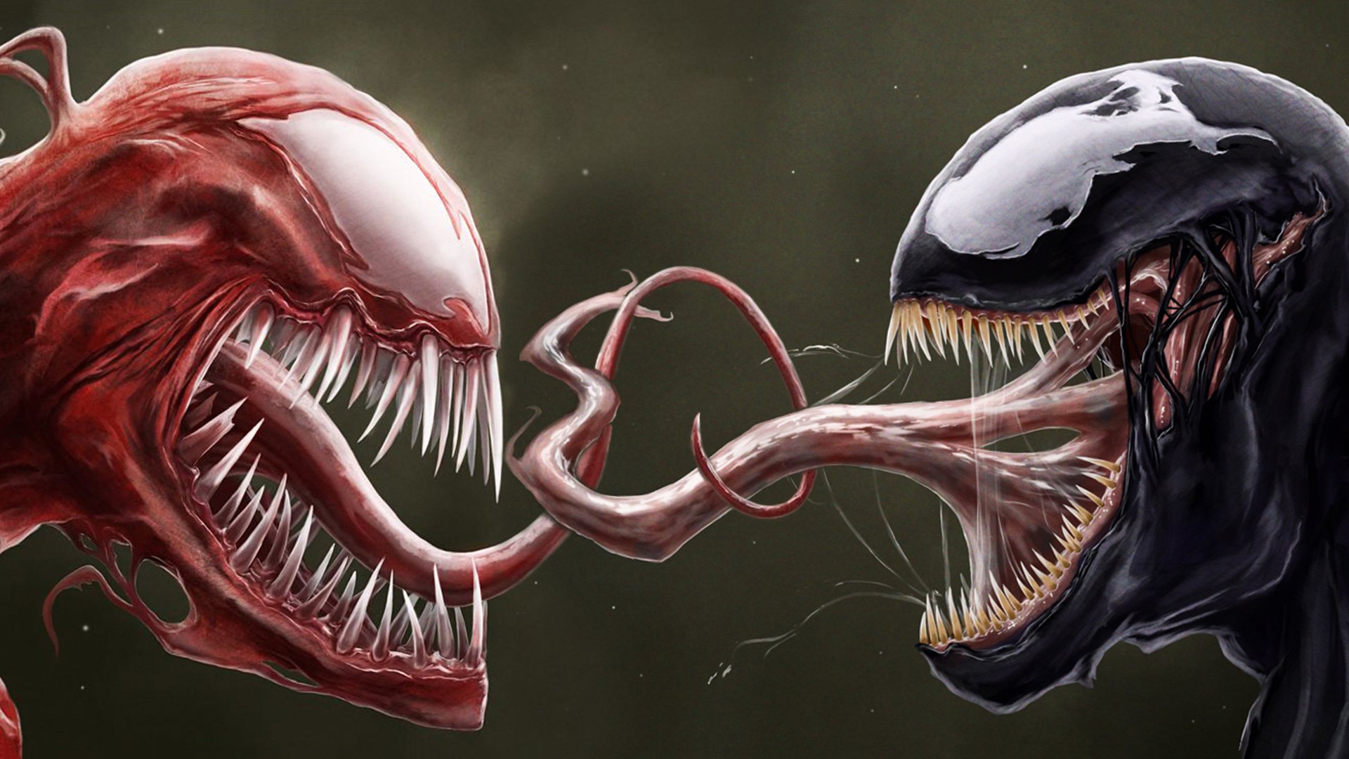 Comic-style depiction of Venom and Carnage facing off, their sharp teeth and extended tongues locked in a fierce confrontation.