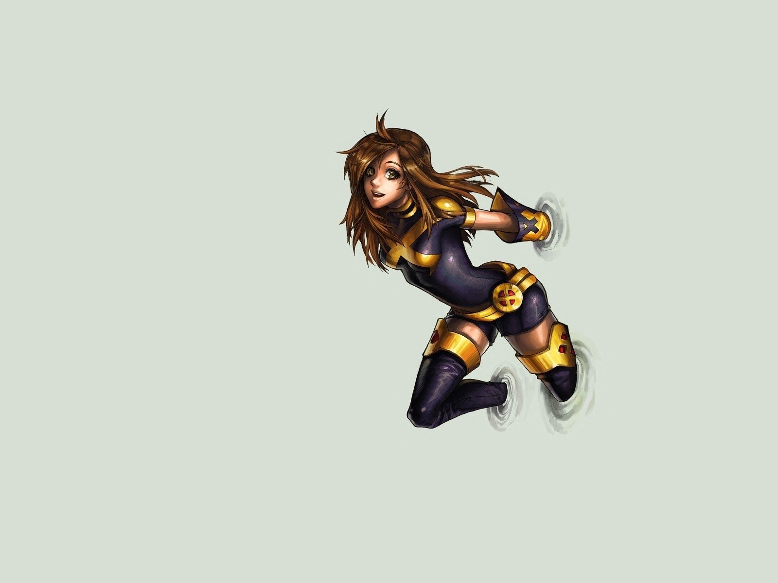 Download Smile Thigh Boots Boots Glove Yellow Eyes Brown Hair Long Hair Belt Kitty Pryde Comic X-Men Art