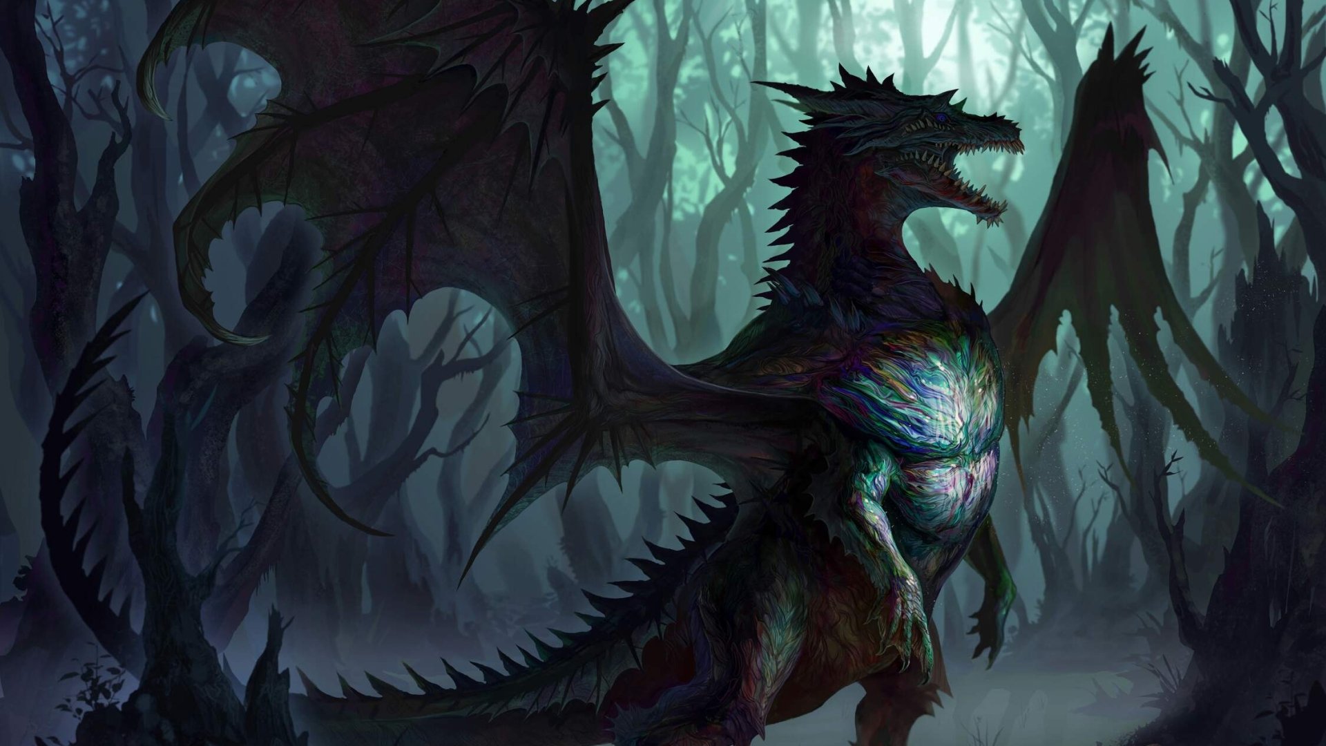 A majestic dragon stands in a shadowy forest, its wings outstretched and scales glimmering in the dim light, embodying the essence of fantasy.