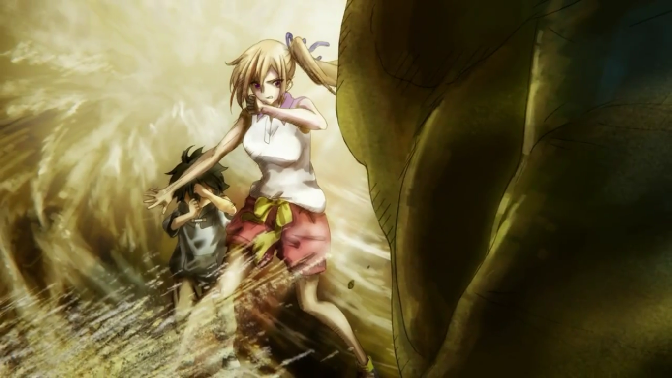 Haruhiko Ichijo and Mai Kawakami from the anime Muisagen No Phantom World confront a large creature in a dynamic, action-filled scene.