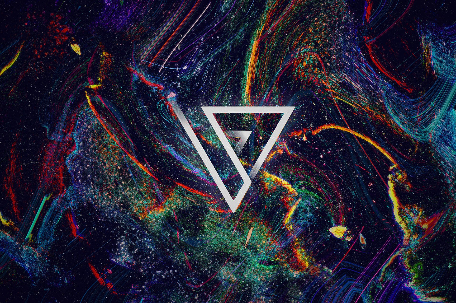 A colorful, artistic background with swirling geometric shapes and a prominent white triangular symbol in the center.