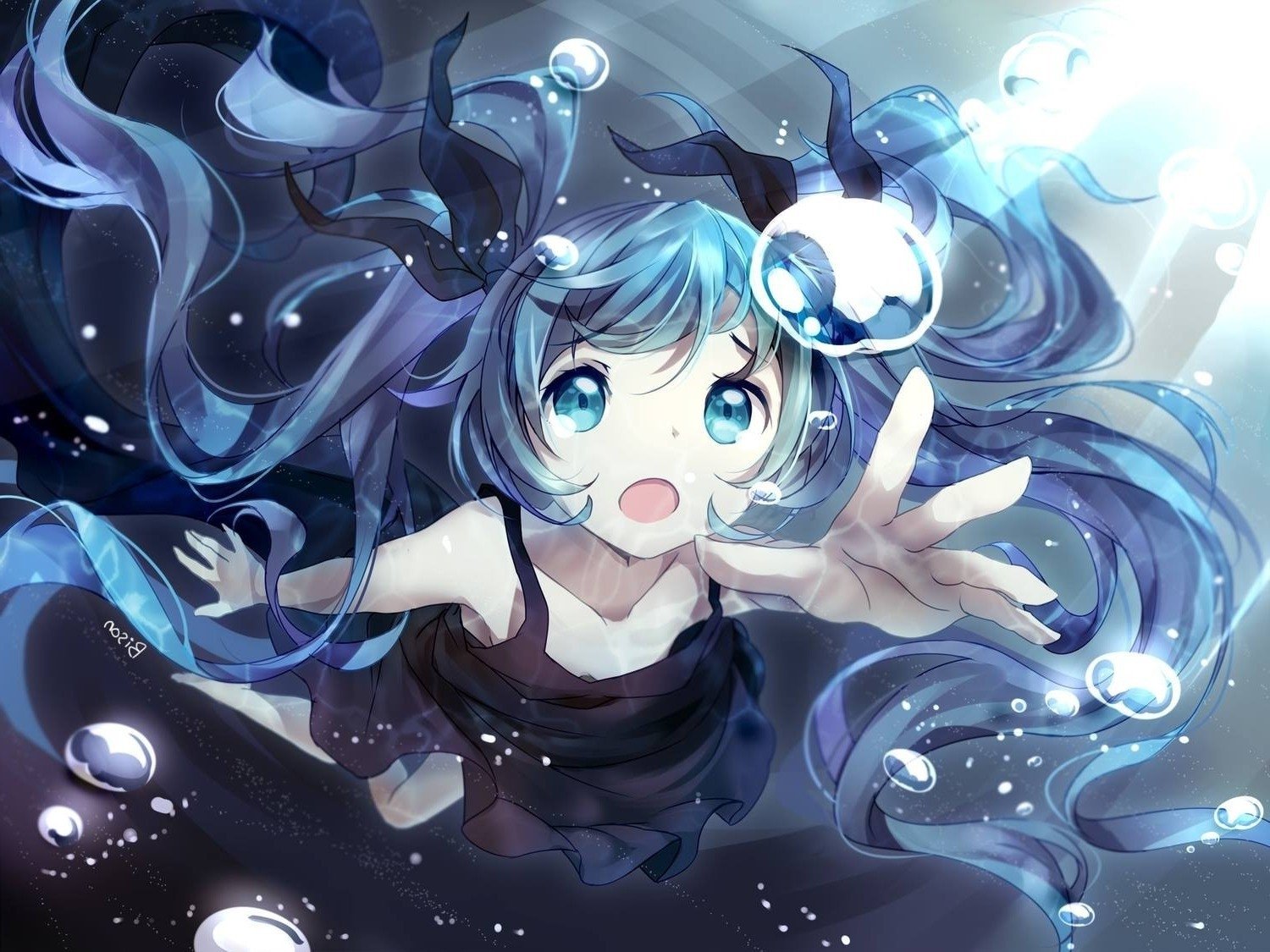 Anime-style illustration of Hatsune Miku, the iconic Vocaloid, depicted underwater with flowing twin tails and bubbles surrounding her reaching forward.