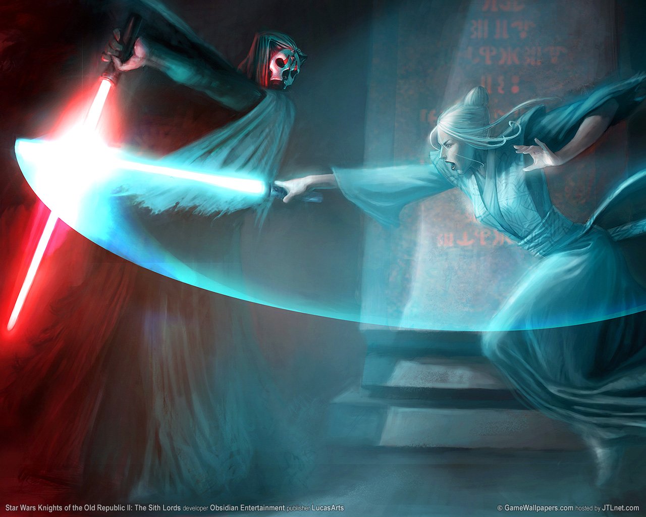 Darth Nihilus and a Jedi duel with red and blue lightsabers in a dark, mysterious setting from Star Wars Knights of the Old Republic II video game.