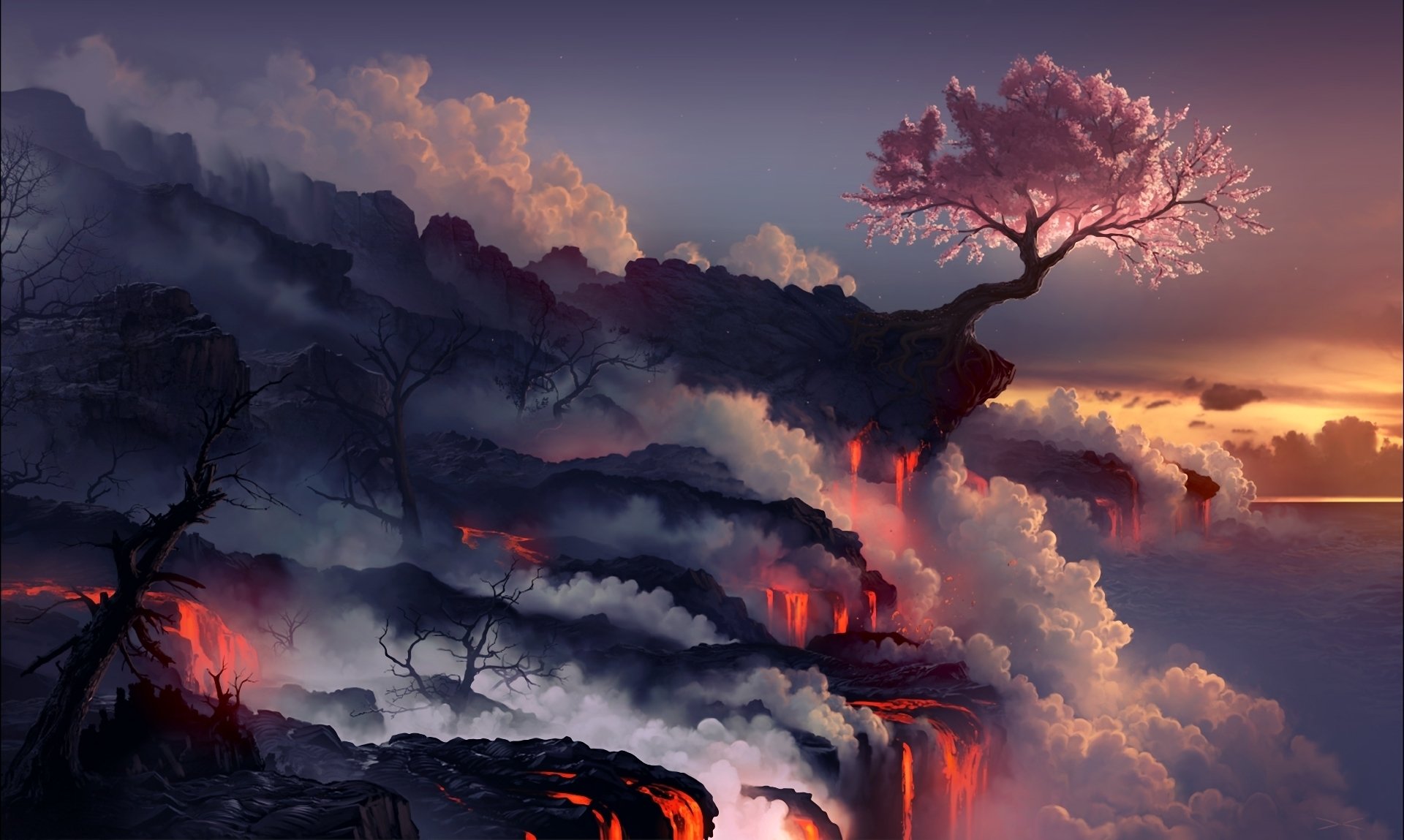 A fantasy landscape featuring a vibrant pink tree amidst a volcanic backdrop, with smoke billowing under a dramatic sky, inspired by Magic: The Gathering themes.