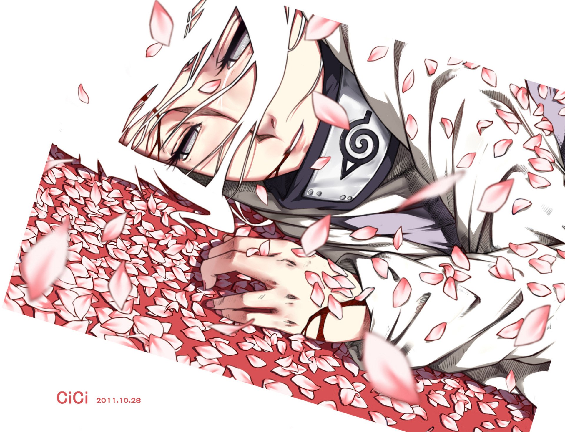 Anime-style illustration of Hinata Hyuga from Naruto lying among falling and scattered cherry blossom petals.