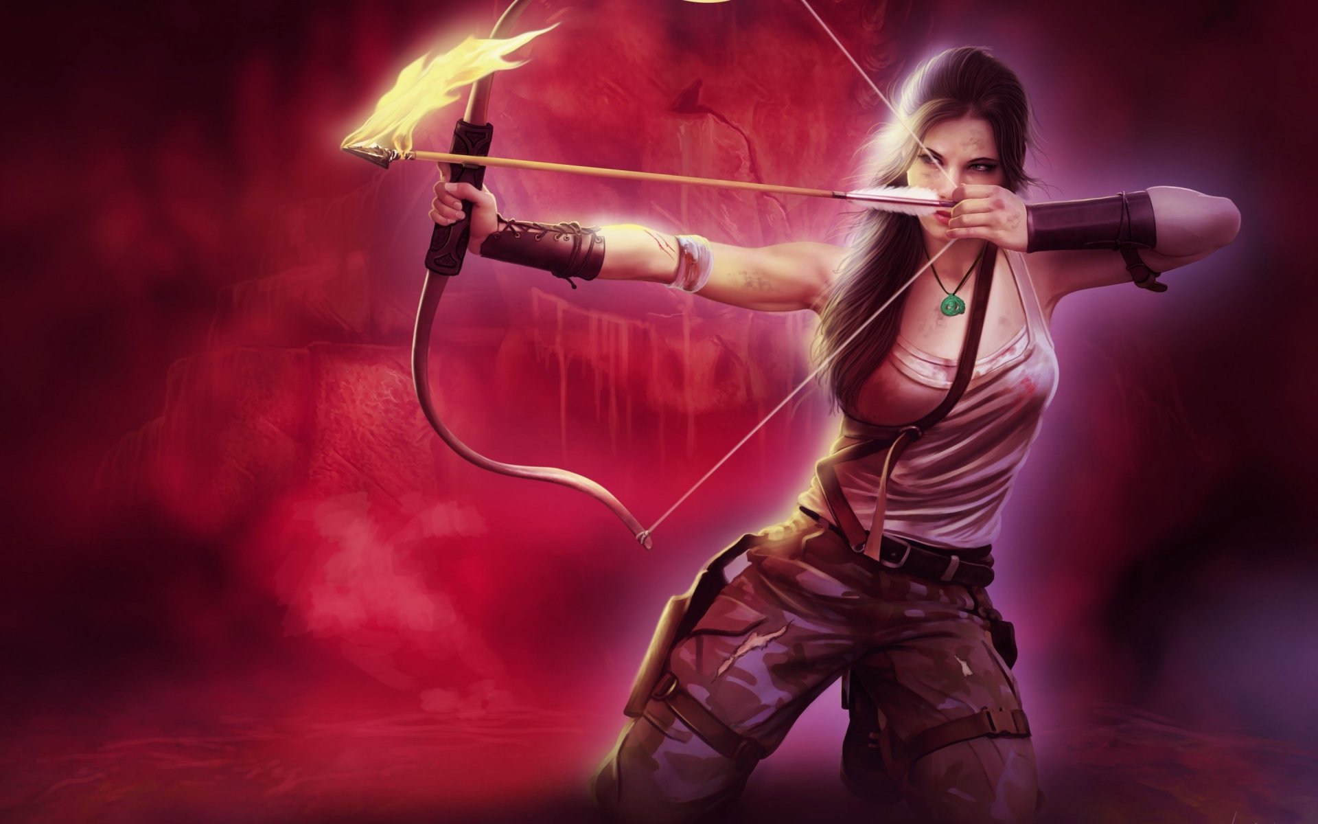 A fierce female archer from the video game Tomb Raider, aiming her fiery arrow against a dramatic red background, showcasing her adventurous spirit and skill.