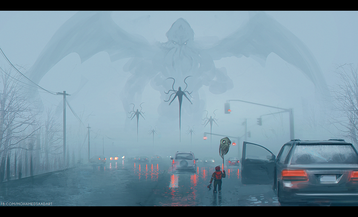 Fog-drenched road with cars halted as a colossal, fantasy Cthulhu-like winged entity and tentacled spawn descend; an open car door and a lone figure stand in wet reflections.