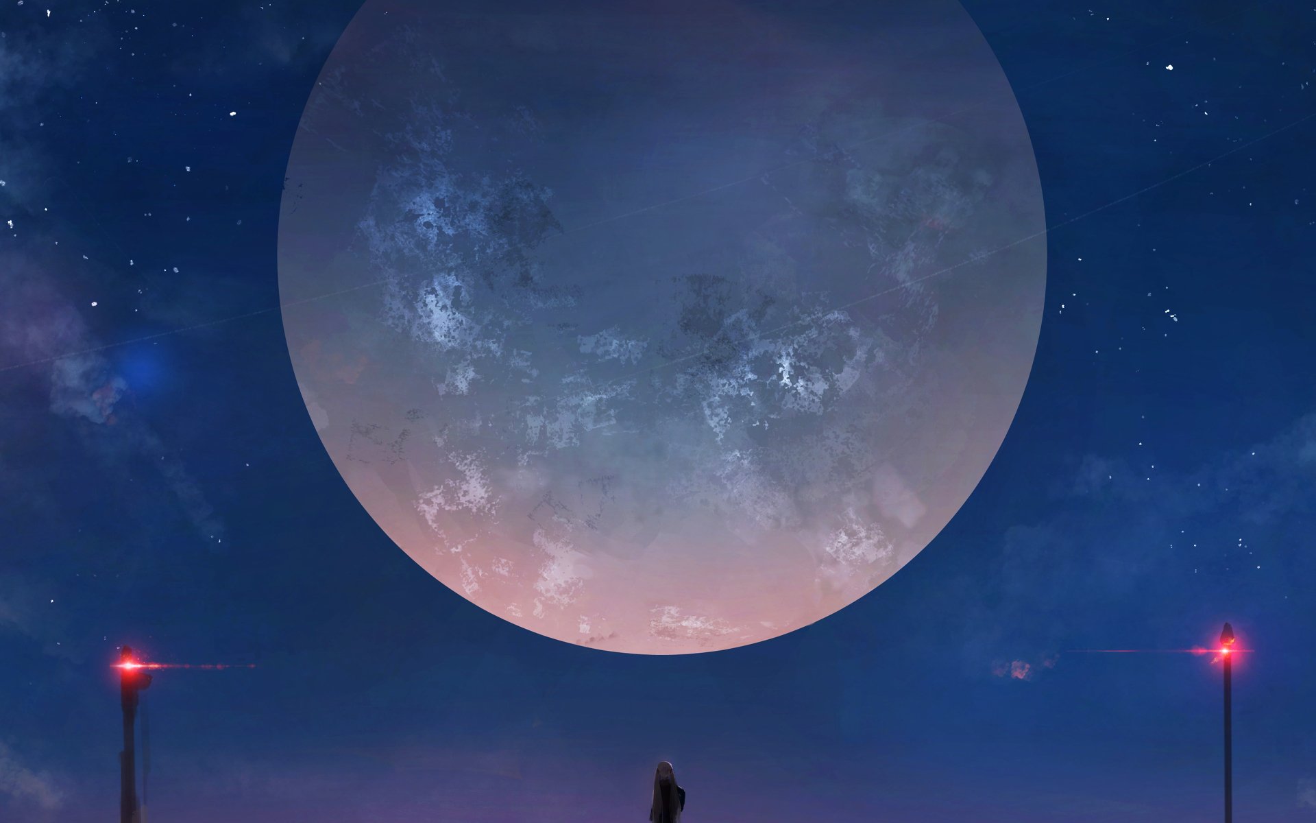 Anime girl with white twintails silhouetted beneath a vast glowing moon in a starry night sky.