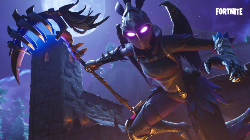A character from Fortnite Battle Royale wields a glowing scythe, posed dramatically against a nighttime backdrop with a castle and glowing moon. The game's logo is displayed in the corner.