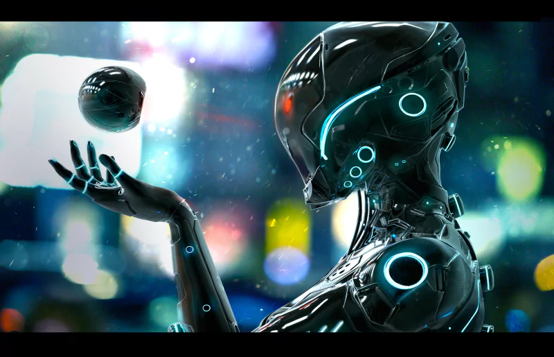 A sleek sci-fi cyborg with glowing blue accents manipulates a floating orb against a futuristic cityscape backdrop.
