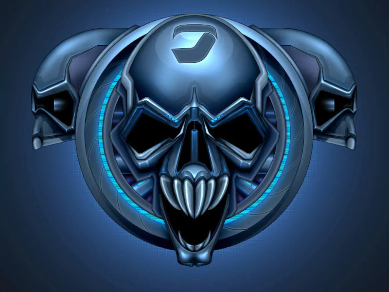 Dark blue skull design with sharp teeth, flanked by two smaller skulls, set against a deep blue background with glowing blue accents.