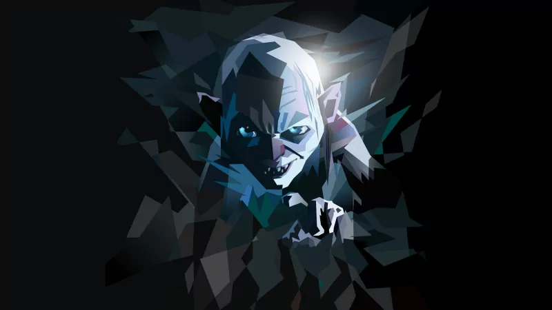 A stylized depiction of Gollum from The Lord of the Rings, featuring sharp geometric shapes that create an eerie, shadowy effect around his intense gaze and outstretched hand.
