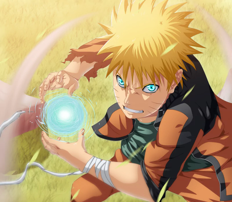 Blonde Naruto Uzumaki, from the anime Naruto, channels energy in an intense moment, preparing for a powerful jutsu amidst a vibrant background.