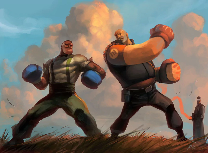 Two muscular characters from the video game Team Fortress 2 face off in a dramatic boxing stance against a backdrop of clouds and blue sky.