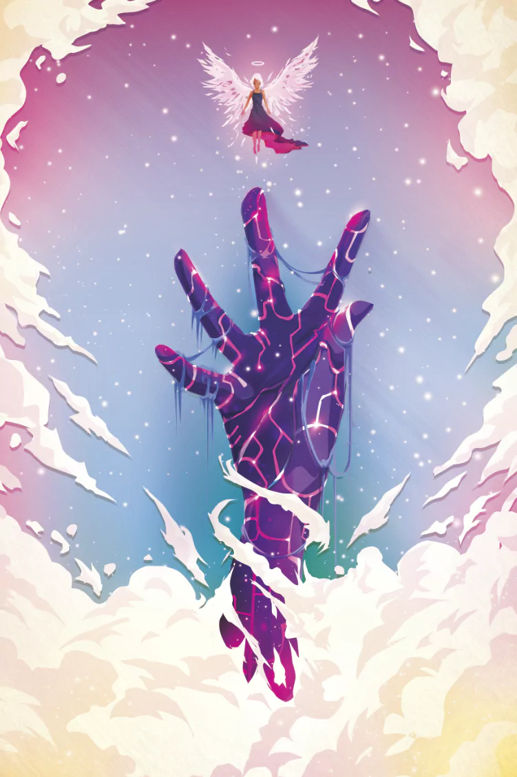 A glowing, otherworldly hand emerges from clouds toward a luminous angel with wings and a halo, set in a vibrant fantasy sky.