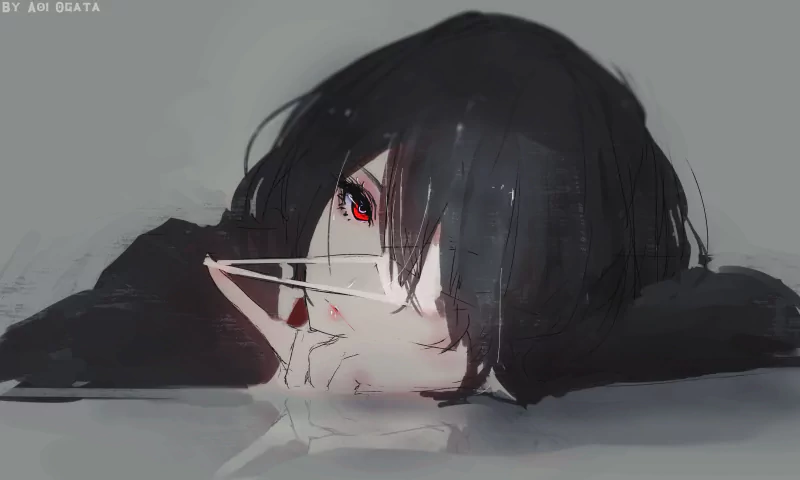 A digital artwork of Mei Misaki from the anime Another, featuring her dark hair, red eye, and a somber expression while resting on a reflective surface.
