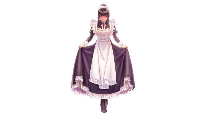 Narberal Gamma stands elegantly in a classic maid outfit, featuring a black dress with white accents, an apron, headdress, and boots, embodying her character from the anime Overlord.