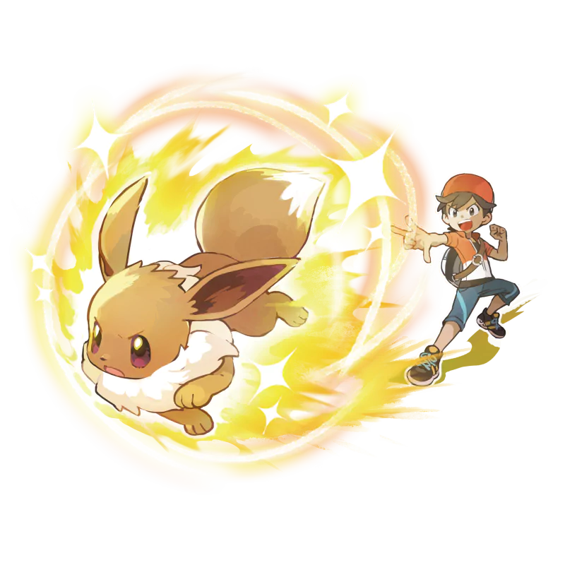 Eevee bursting through a glowing ring as trainer Chase runs beside it — artwork from the video game Pokémon: Let's Go Eevee / Let's Go Pikachu.