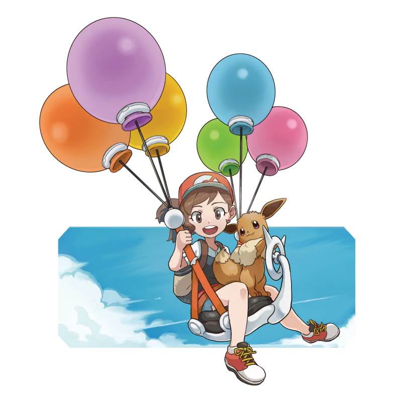 Elaine from Pokémon: Let's Go Pikachu and Let's Go Eevee rides a balloon chair across a bright blue sky, smiling with Eevee on her lap and colorful balloons overhead.