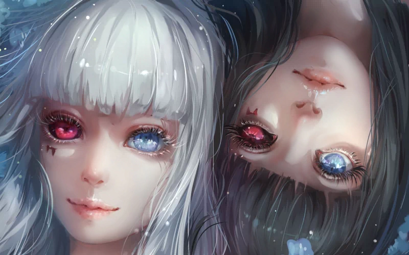 A close-up of Kurona Yasuhisa and Nashiro Yasuhisa from Tokyo Ghoul, featuring striking heterochromia with blue and red eyes, black and white hair, both smiling warmly.