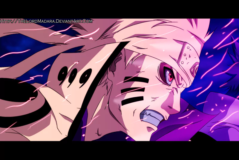 Naruto Uzumaki from the anime Naruto, shown in a fierce, intense battle pose with glowing eyes and dynamic purple energy effects.