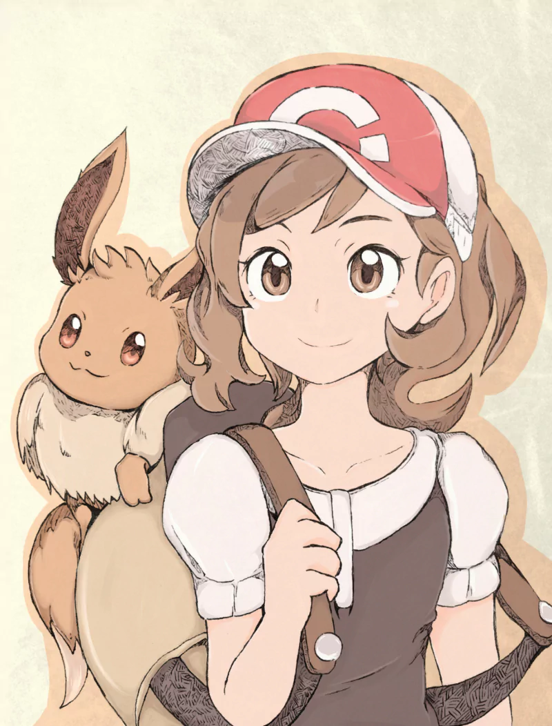 Elaine from Pokémon: Let's Go Pikachu and Let's Go Eevee smiles with an Eevee perched on her backpack, wearing her red trainer cap and a brown-and-white outfit.