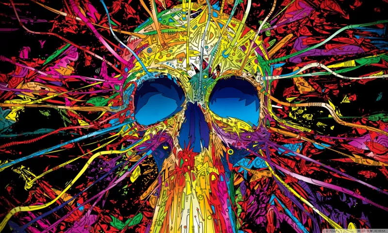 Dark, colorful skull formed from exploding colors and tangled paint-like streaks radiating outward against a black, moody background.
