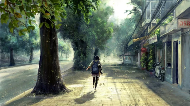An anime-style scene of a person running down a sunlit street with trees swaying gently in the wind.