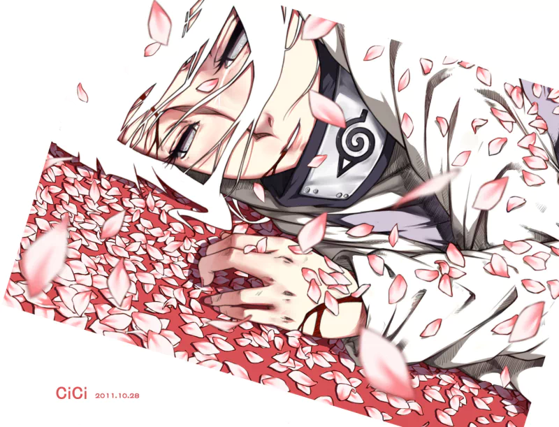 Anime-style illustration of Hinata Hyuga from Naruto lying among falling and scattered cherry blossom petals.