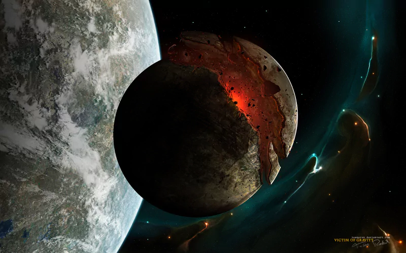 Sci-fi scene of a moon rupturing in a fiery explosion beside a blue-green planet, debris and glowing shockwaves streaming into space.