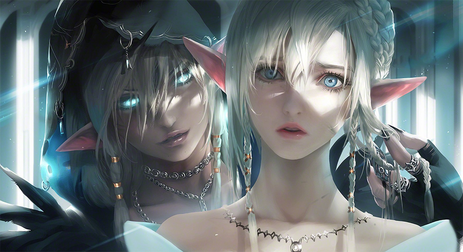 Anime couple featuring a blonde elf with blue eyes and a necklace in the foreground, and a dark-hooded elf with glowing eyes and pointed ears in the background.