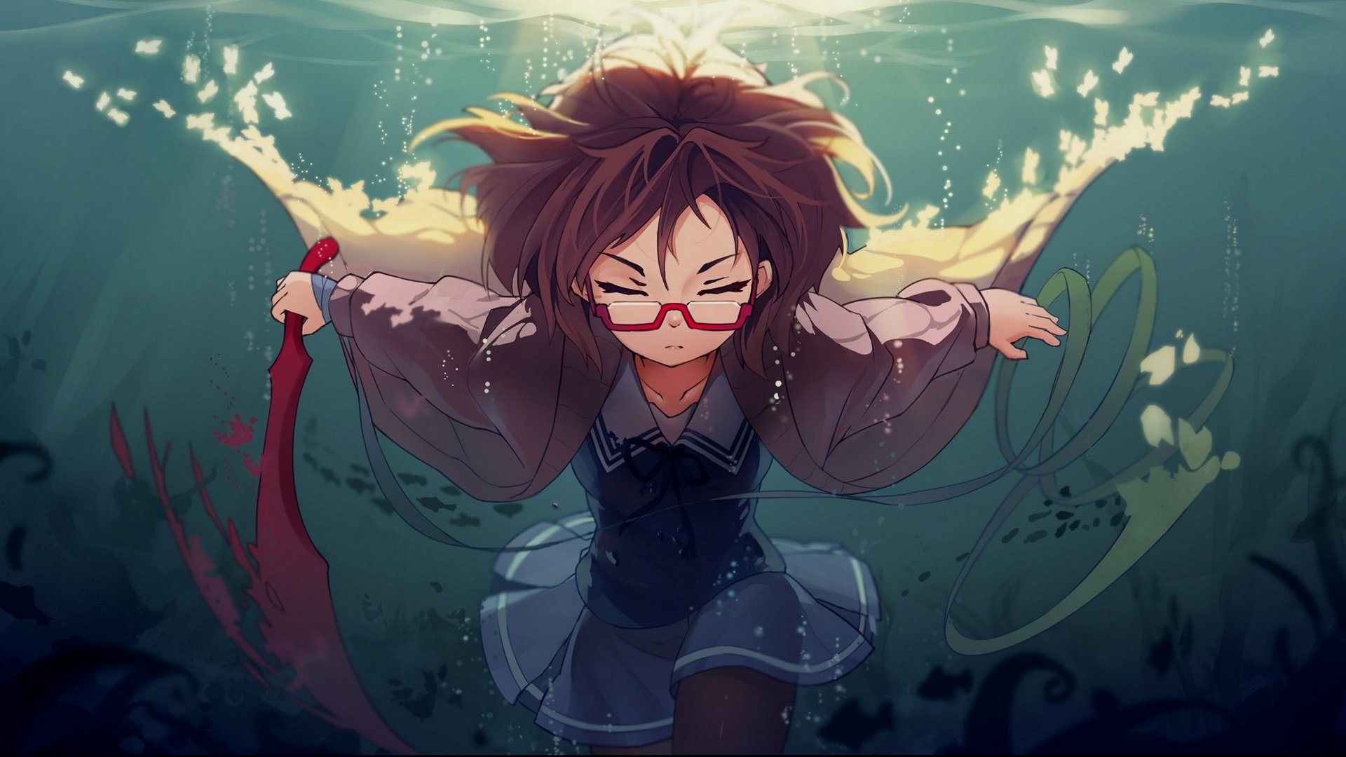 Mirai Kuriyama from Beyond the Boundary underwater, red glasses and a flowing crimson blood blade as she swims forward with a determined expression.