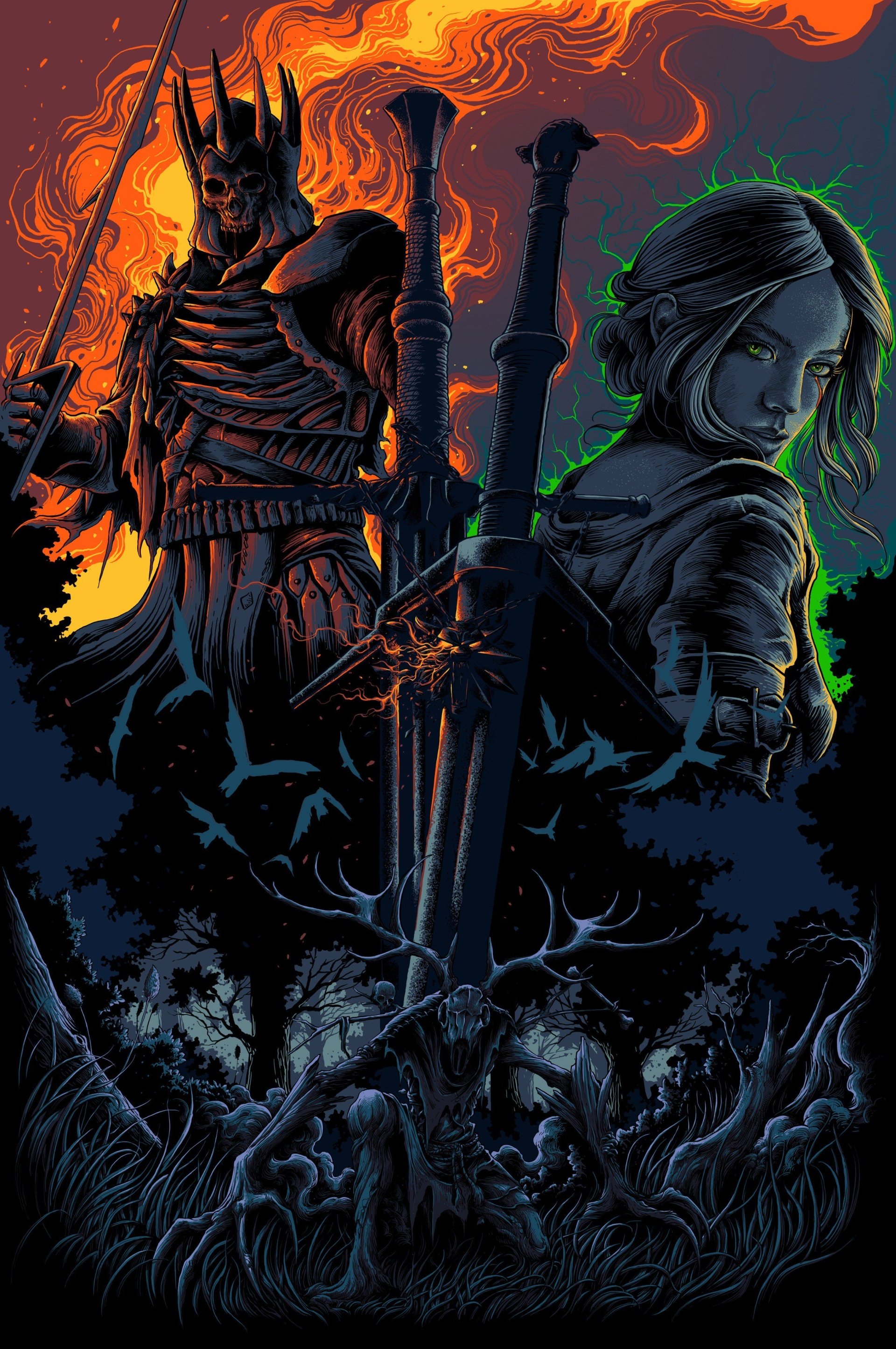 Stylized poster of Eredin Bréacc Glas and Ciri from the video game The Witcher 3: Wild Hunt — Eredin in a flaming crown behind, Ciri with glowing eyes and a pair of swords driven into the forest floor.