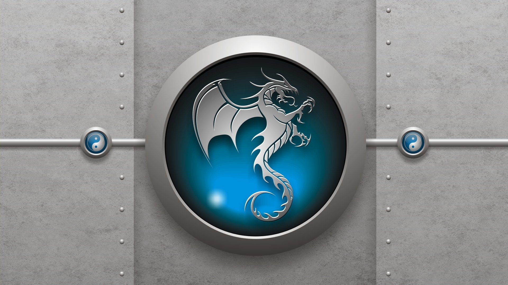 A metallic emblem featuring a stylized fantasy dragon in silver on a glowing blue circular background, set against a riveted industrial metal surface.