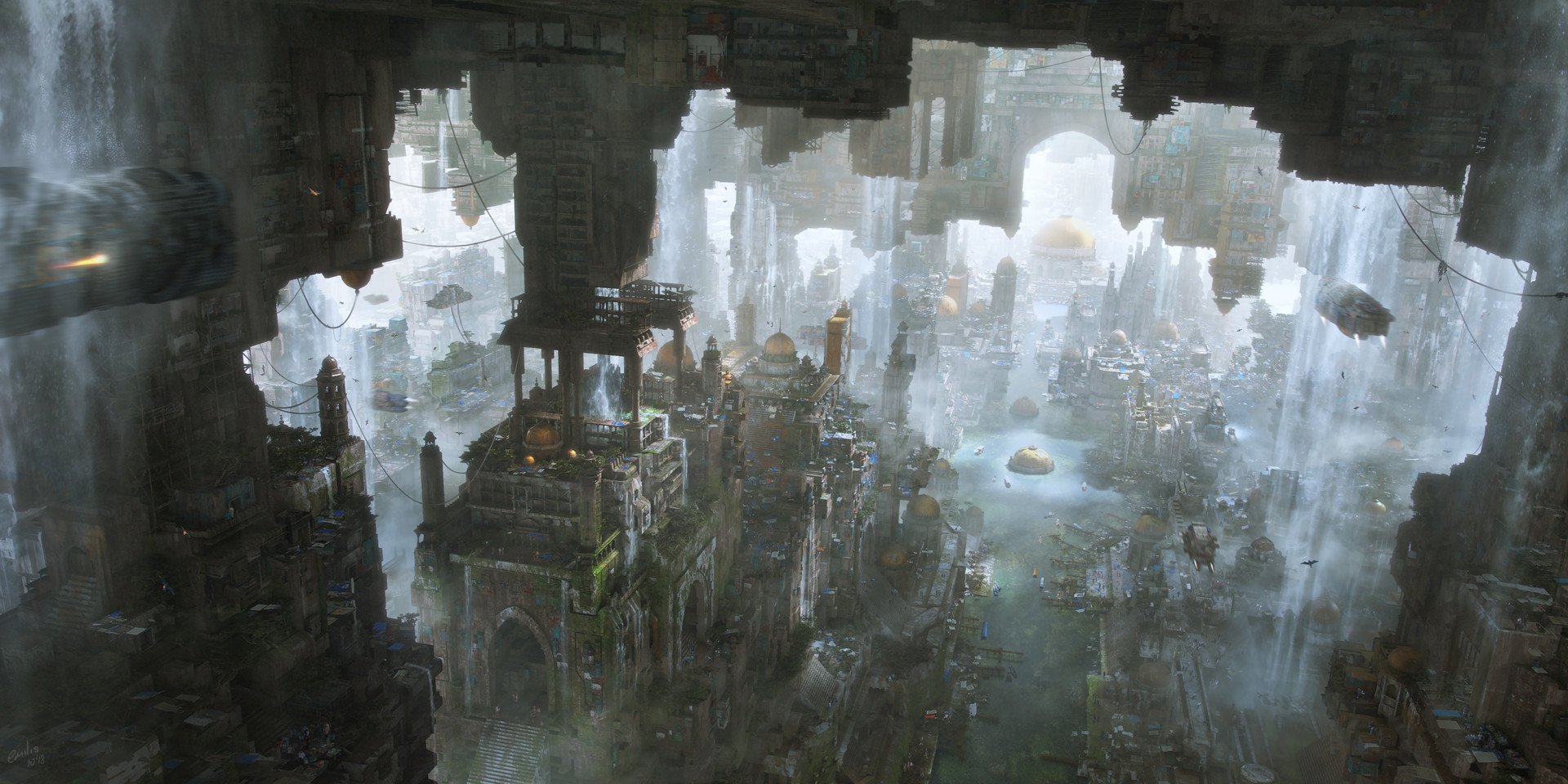 Futuristic sci-fi cityscape with towering, intricate buildings shrouded in mist and floating structures, blending advanced technology and ancient architecture.