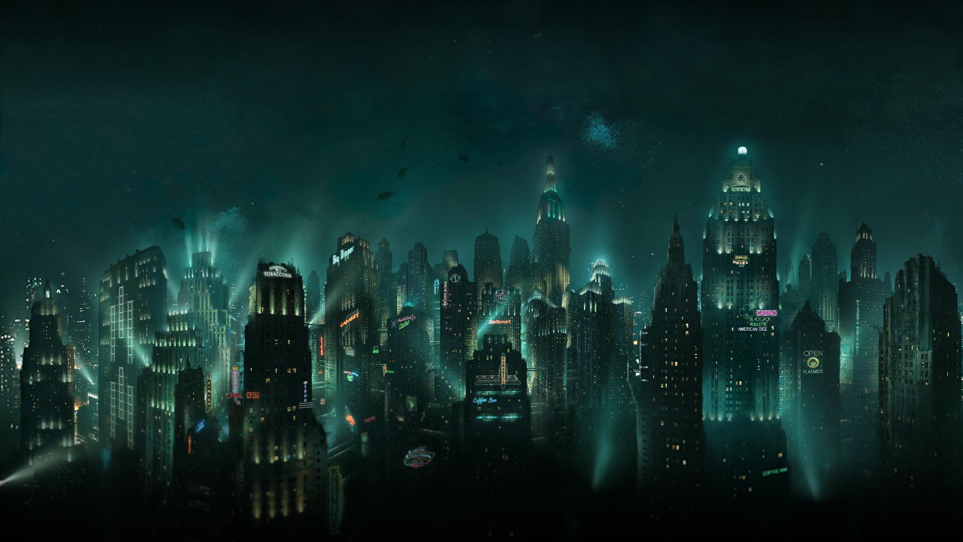 A dark, atmospheric cityscape from the video game Bioshock, depicting the underwater city of Rapture with towering buildings and a moody, immersive ambiance.