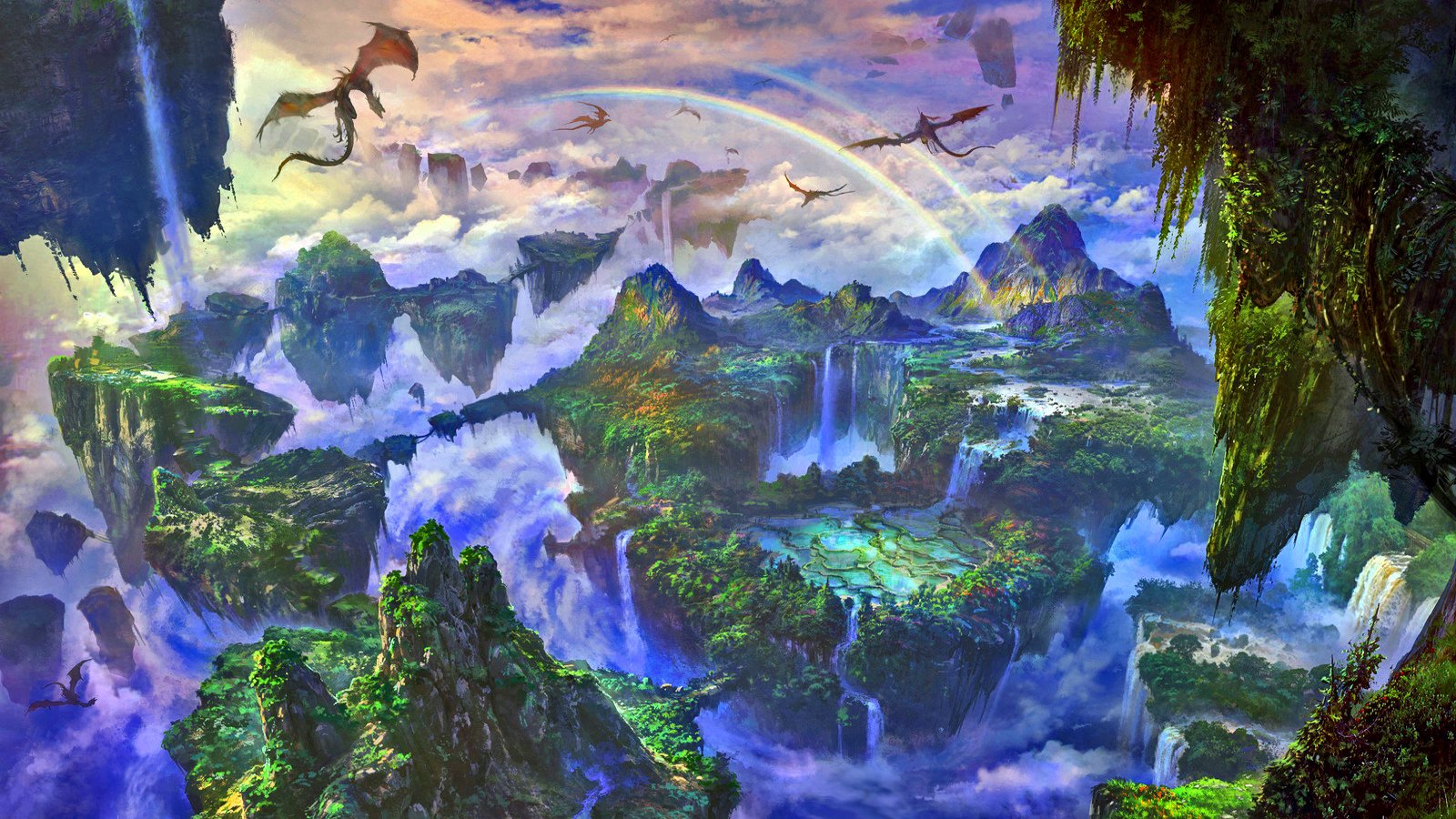 A vibrant fantasy landscape teems with floating islands, lush greenery, and majestic dragons soaring through a colorful sky, creating a scene of magical wonder.