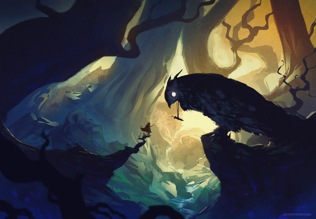 Child of Light video game scene: a small cloaked heroine with a lantern faces a giant shadowy owl with glowing eyes atop mossy cliffs in a luminous, dreamlike forest cavern.