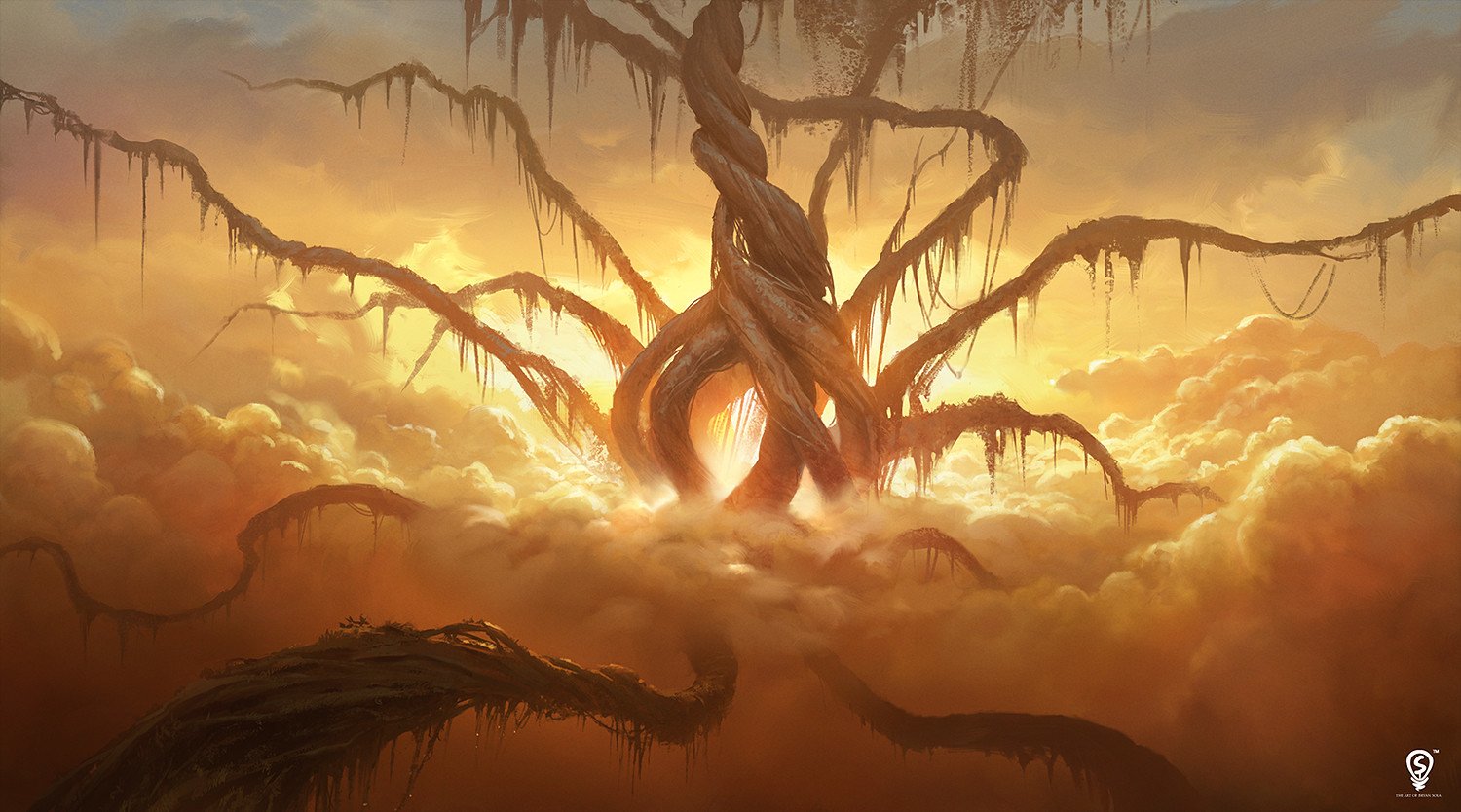Giant twisted tree rising above golden clouds, its roots and draping moss creating a surreal fantasy forest canopy bathed in warm, glowing light.