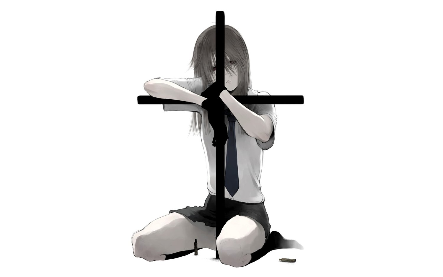 Anime-style image from Jormungand showing a girl kneeling behind a large black cross, her face partially hidden by the cross.