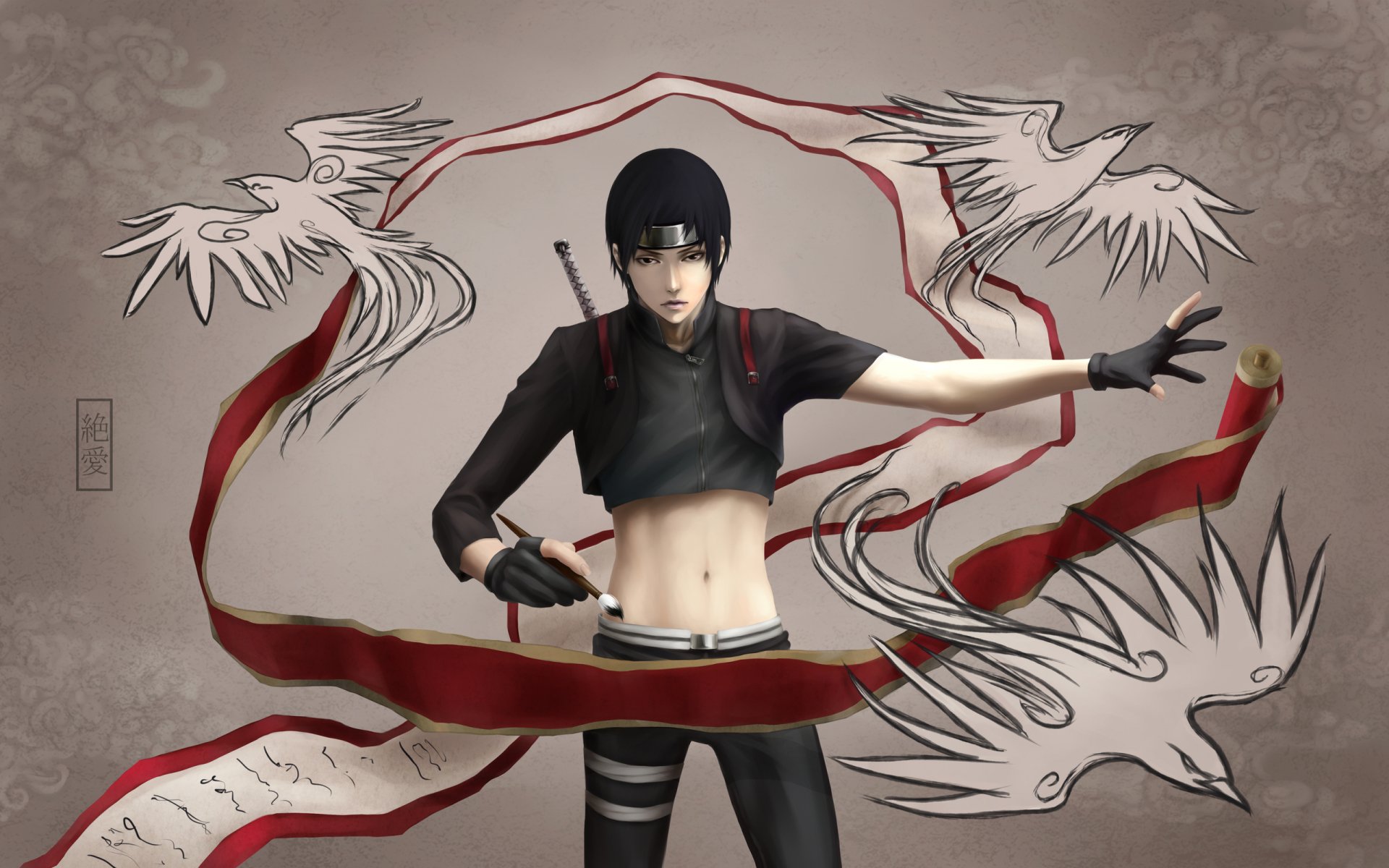 A dynamic illustration of Sai from Naruto, showcasing his unique style and technique, surrounded by swirling ribbons and birds, capturing the essence of anime artistry.