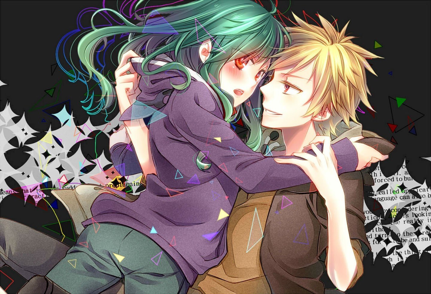 Tsubomi Kido and Shuuya Kano from Kagerou Project: an anime couple in a close, intimate embrace—green‑haired Tsubomi leaning toward blond Shuuya against a stylized patterned background.