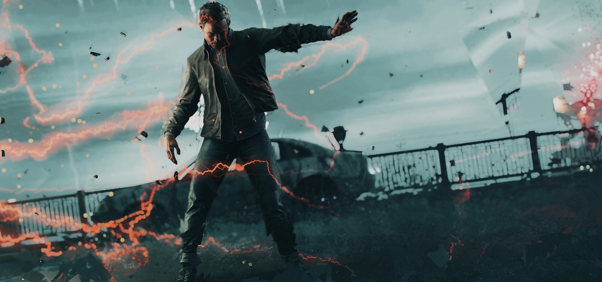 A character from the video game Quantum Break manipulates time with glowing, crackling energy surrounding him on a bridge with a stormy sky in the background.